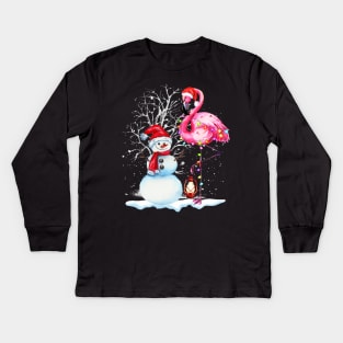 Awesome Flamingo Snowman Winter Snow Merry Christmas Kids Long Sleeve T-Shirt